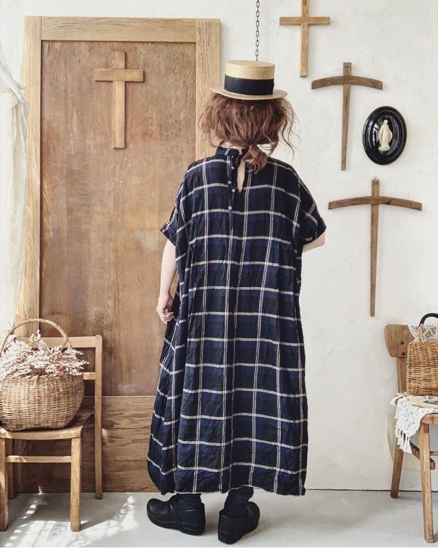 MARCHE' DE SOEUR/スタンドカラー半袖ワンピース・マニッシュチェック
