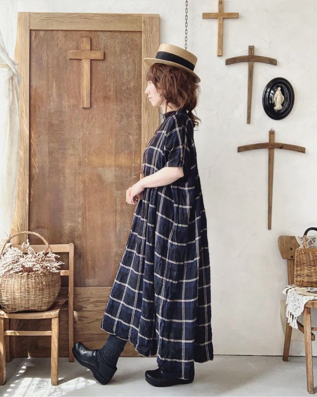 MARCHE' DE SOEUR/スタンドカラー半袖ワンピース・マニッシュチェック
