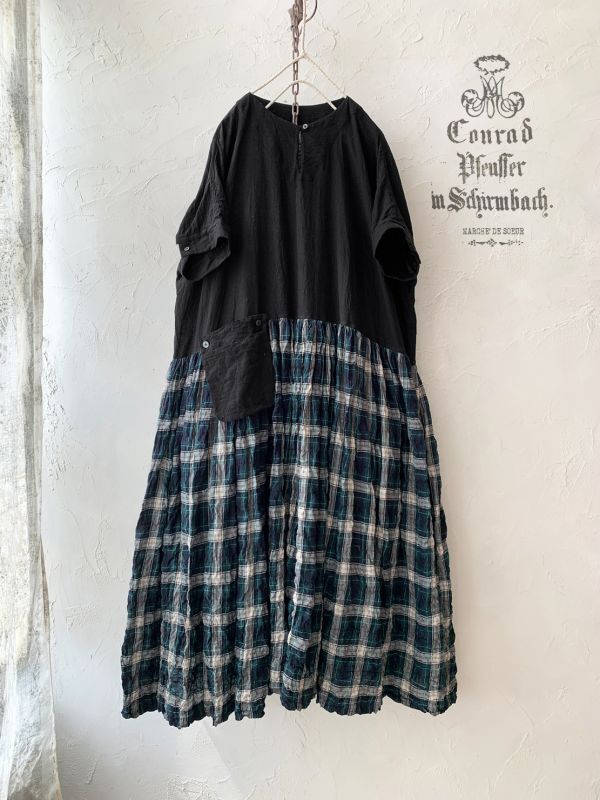 Marche De Soeur ギャザーポケットワンピース 緑チェック Marche De Soeur