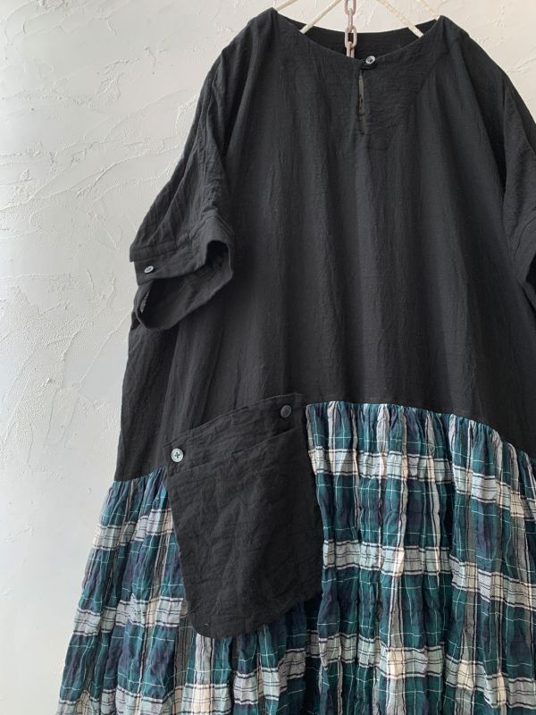 Marche De Soeur ギャザーポケットワンピース 緑チェック Marche De Soeur