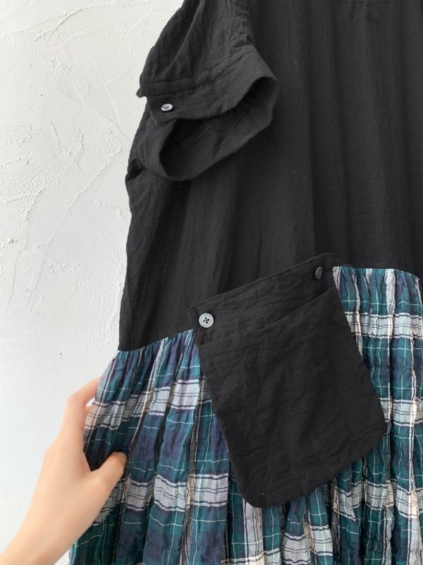 Marche De Soeur ギャザーポケットワンピース 緑チェック Marche De Soeur
