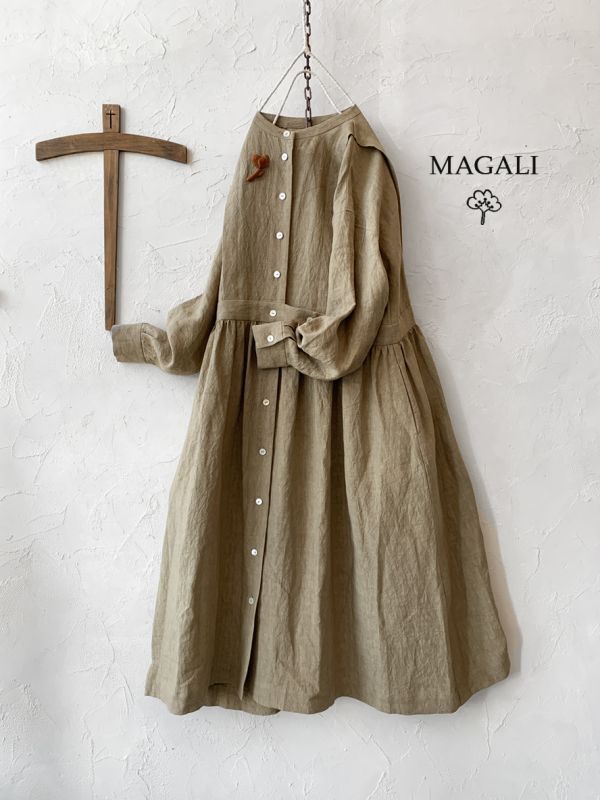 MAGALI/天日干しリネン タックギャザーワンピース・アンバー