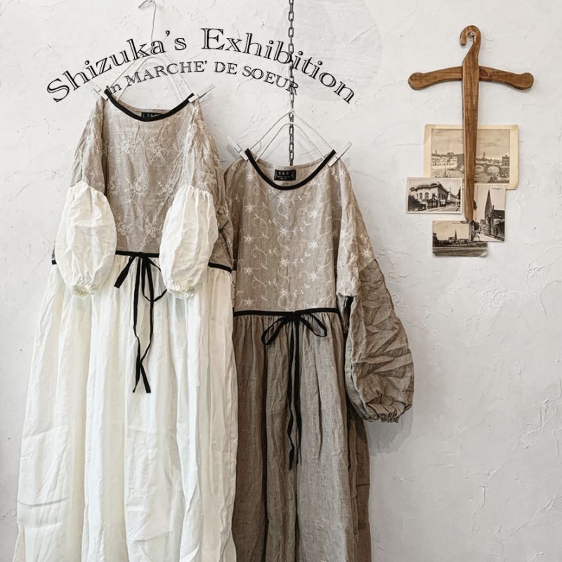 shizuka's／生成り刺繍×オフ 黒りぼんOP・長袖（ローウエスト）