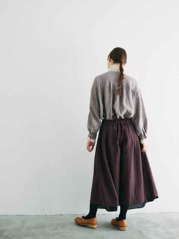 MAGALI /フレンチリネン ギンガムレイヤードスカート・ブラウン  