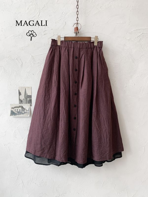 MAGALI /フレンチリネン ギンガムレイヤードスカート・ブラウン  