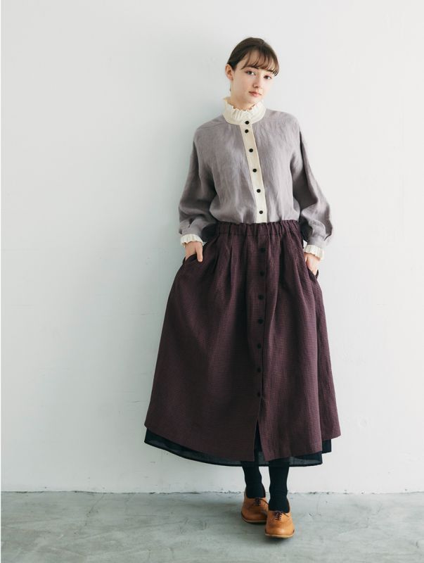 MAGALI /フレンチリネン ギンガムレイヤードスカート・ブラウン  
