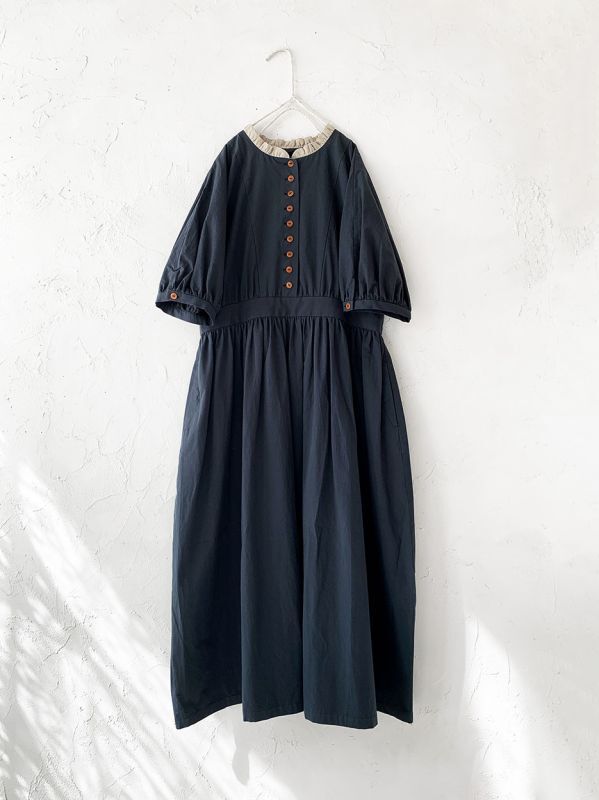 MAGALI /リンクルコットン アンティークワンピース・ダークネイビー  