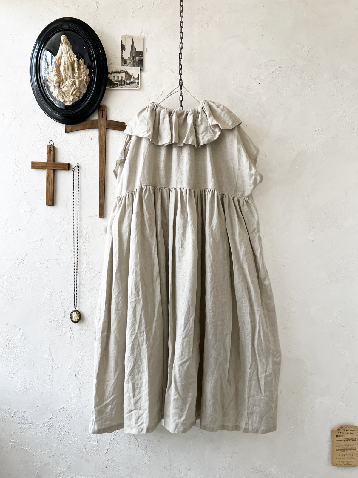 S&S shizuka作 リネンワンピース ハンドメイド フリル襟 アンティーク S&S shizuka作 リネンワンピース ハンドメイド フリル襟