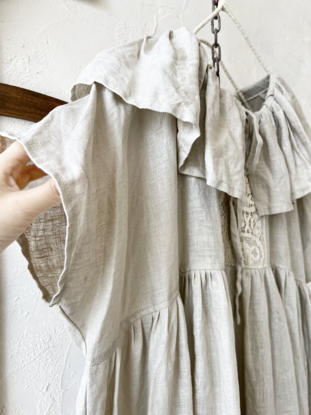 S&S shizuka作 リネンワンピース ハンドメイド フリル襟 アンティーク shizuka's【14】アンティークレースのフリル襟フレンチ