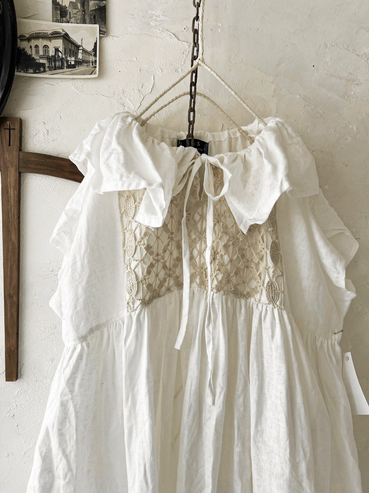 S&S shizuka作 リネンワンピース ハンドメイド フリル襟 アンティーク shizuka's【6】アンティークレースのフリル襟フレンチワンピース
