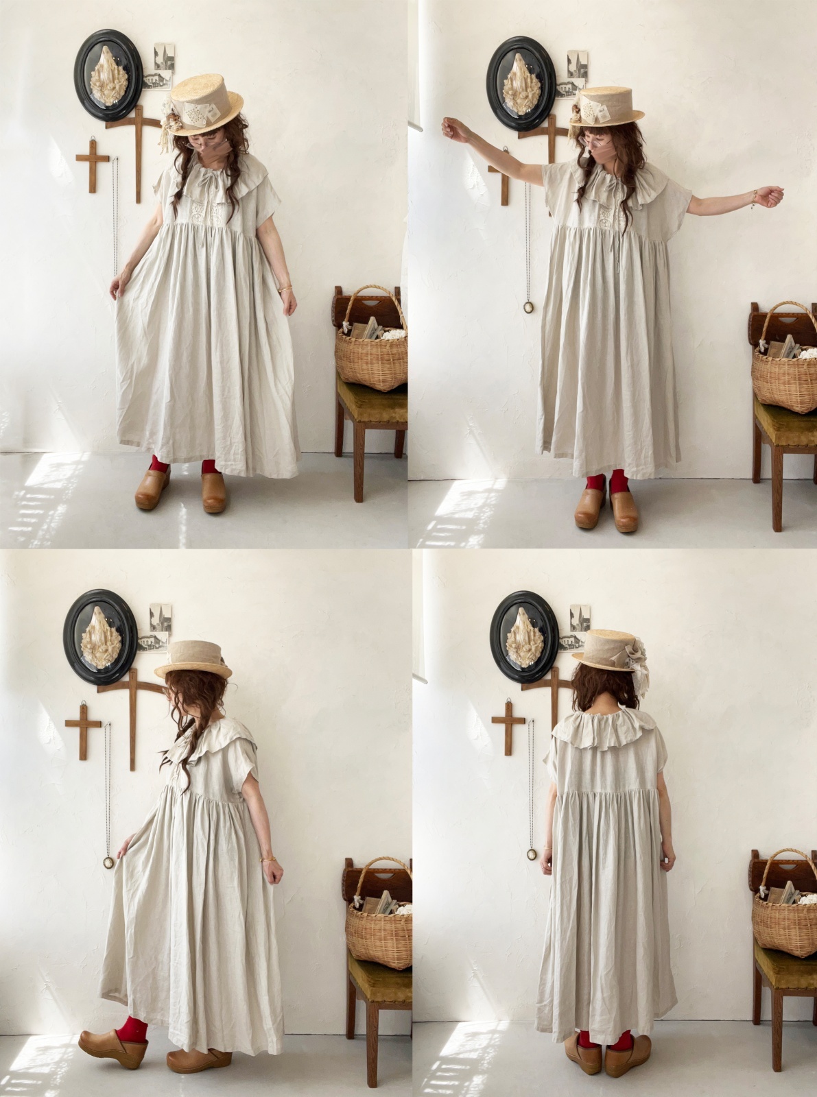 shizuka's【6】アンティークレースのフリル襟フレンチワンピース・白A