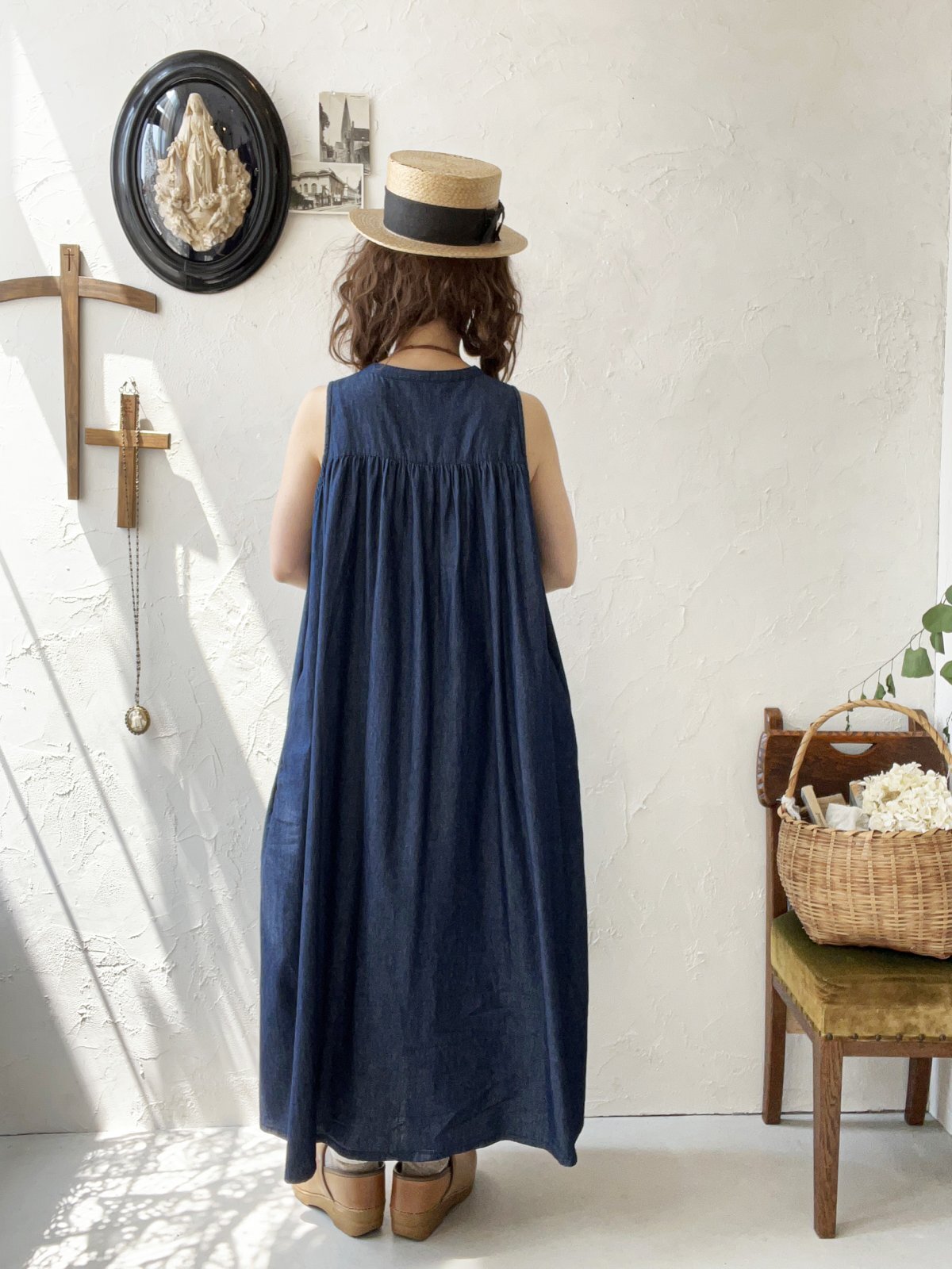 sorte cuff／インディゴノースリーブギャザーワンピース