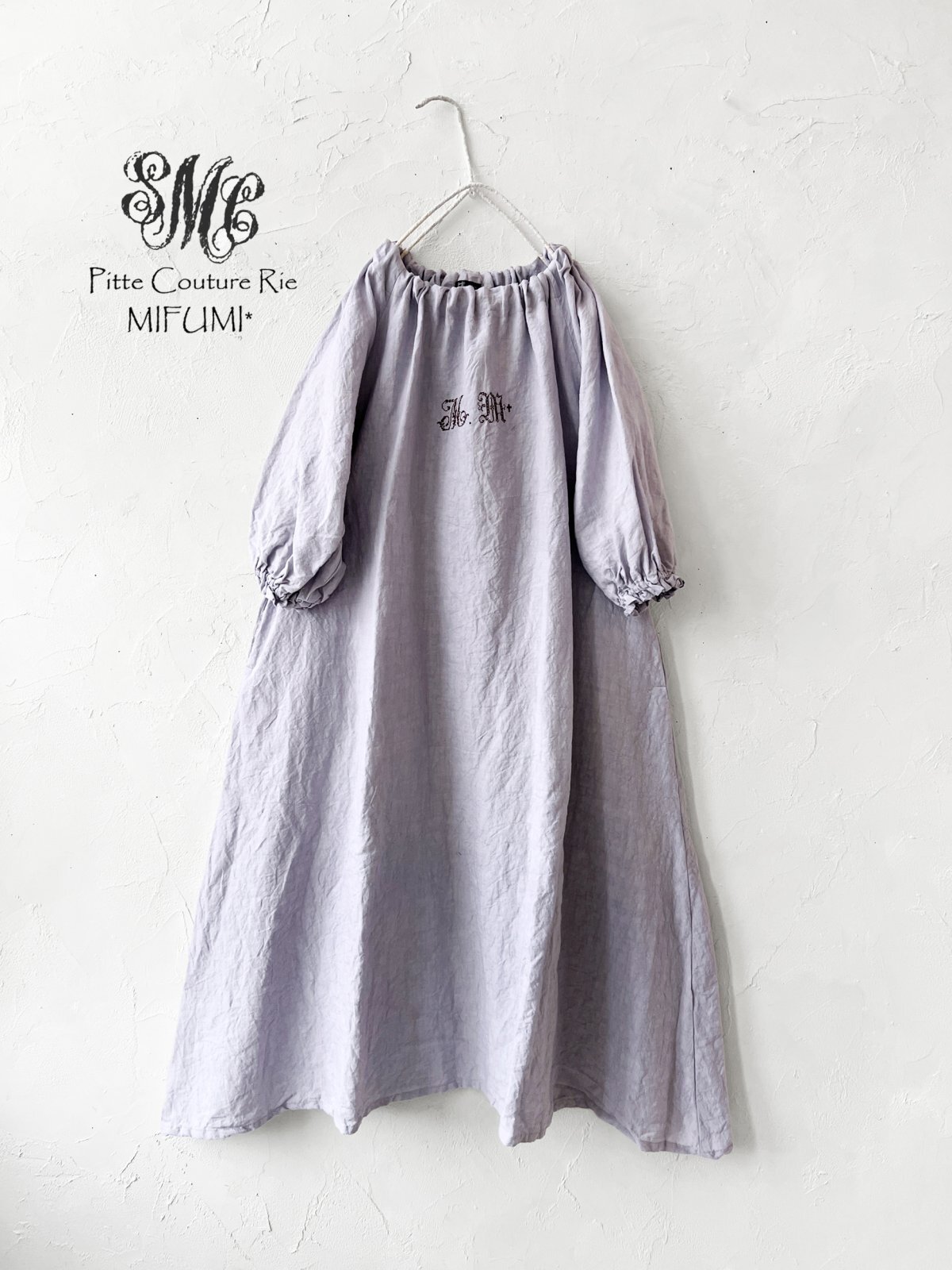 mifumiさん コラボ　コサージュ　リネン　ワンピース　ハンドメイド作家さま mifumiさん コラボ コサージュ リネン ワンピース ハンドメイド