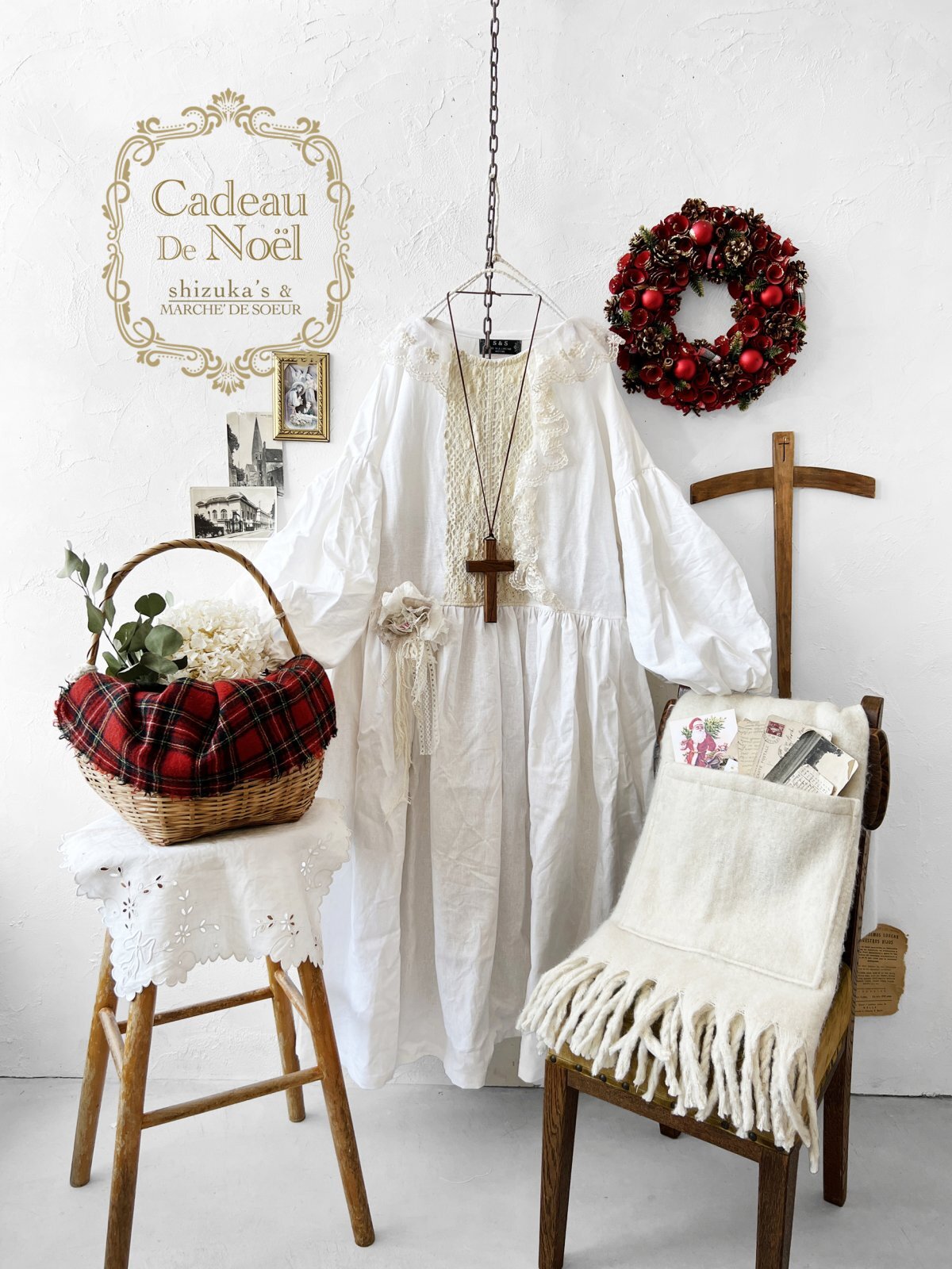 ノエルの贈り物】アンティークレースのホワイトワンピース・C【17