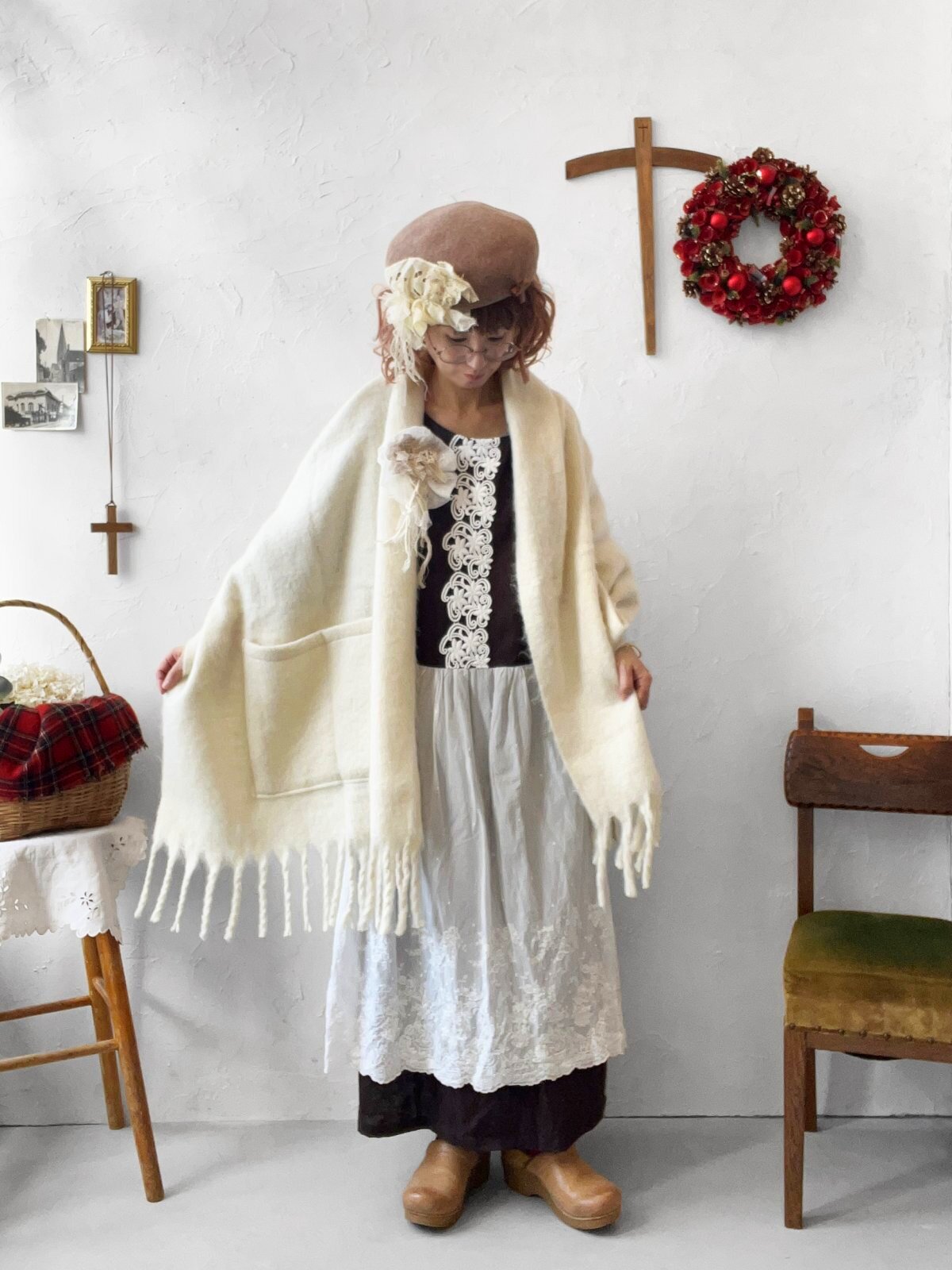 ノエルの贈り物】チョコブラウンのアンティークレースワンピース・A